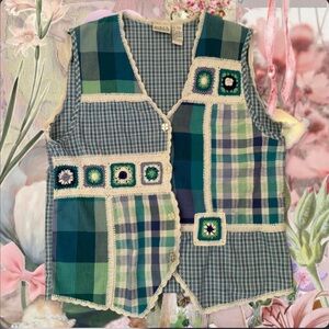 Koret of California Blue Plaid Granny Square Crochet Patchwork Vest Size Small